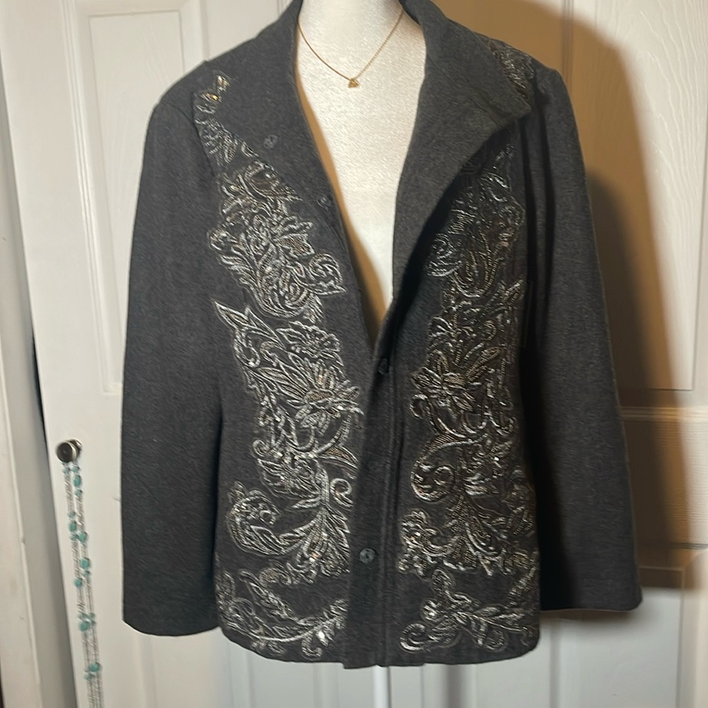 Chico's Novelty Jacket/Coat Gray Embellish Sz 2 (12-14)  embroideredMSRP$199